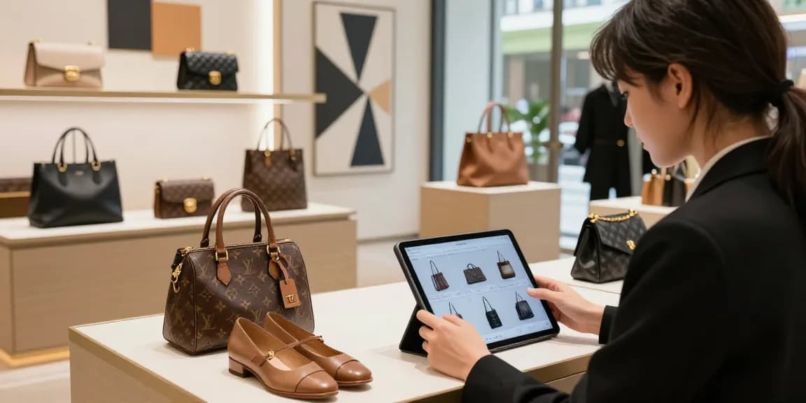 Luxury 레플리카 shopping scene with stylish individual browsing designer products on a tablet.