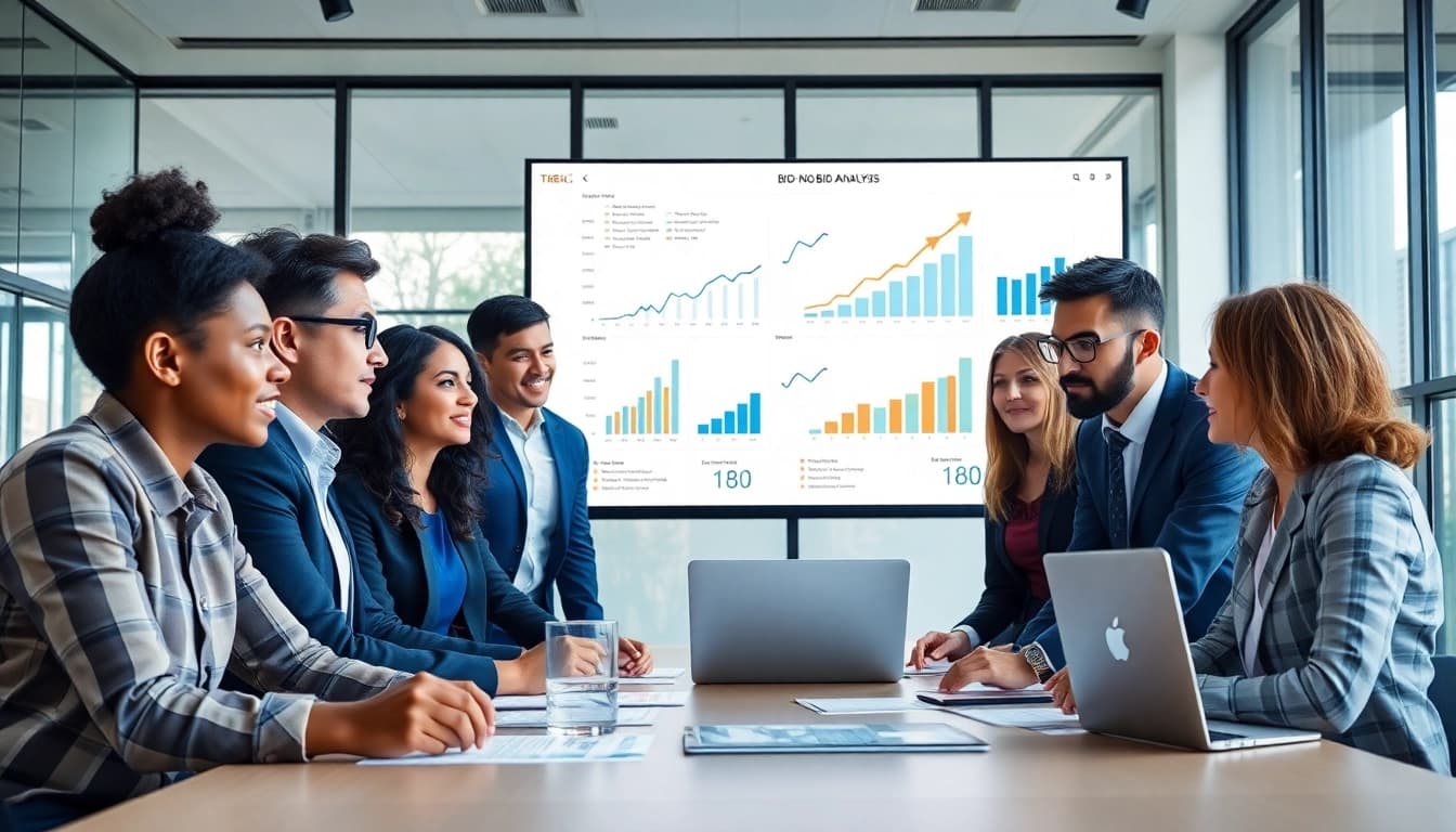 Engaged team discussing Bid-No-Bid Analysis in a modern conference room.