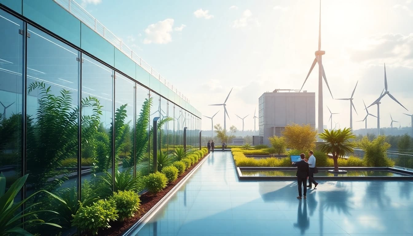 Dogecoin cloud mining earnings showcased in a modern, sustainable mining facility with advanced technology.