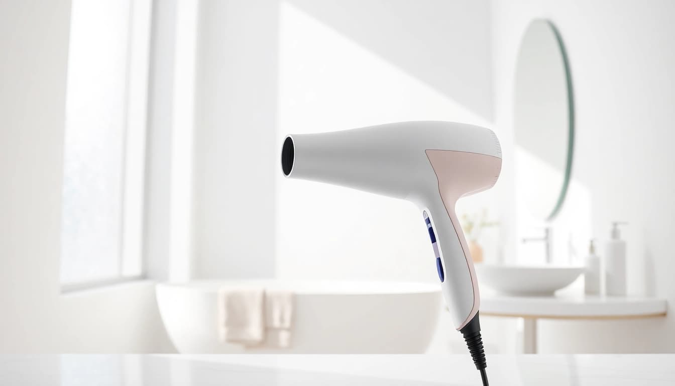 Efficient ionic blow dryer placed elegantly on a vanity with beauty products.