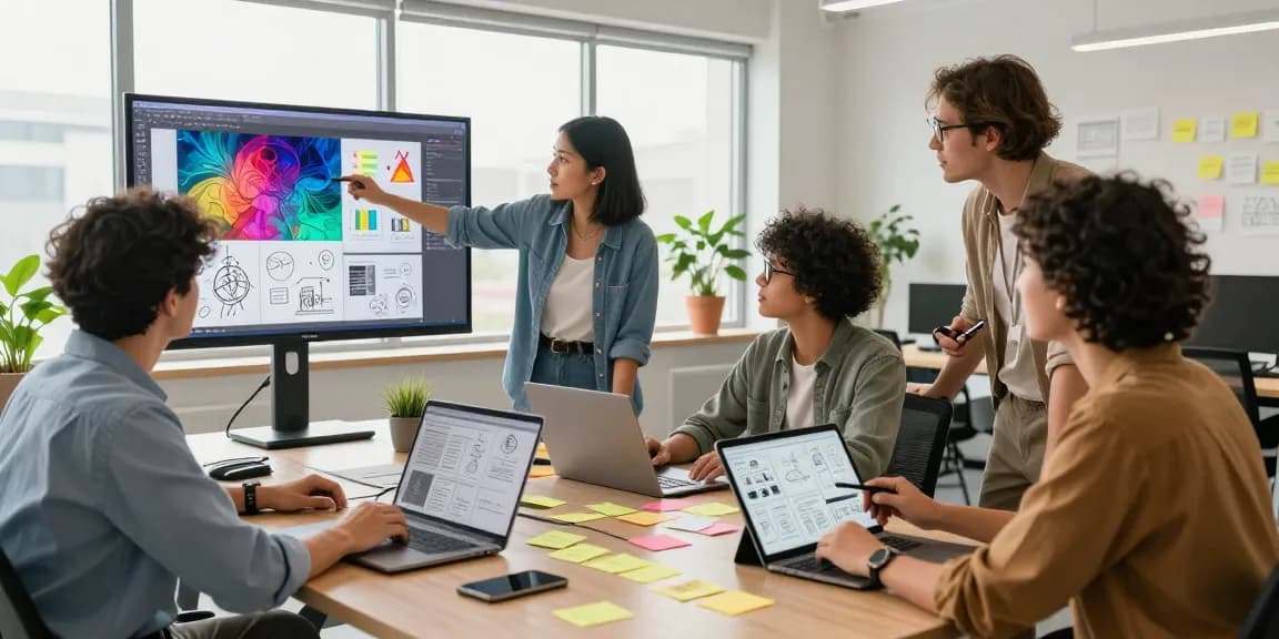 Team collaborating on a mixboard AI in a modern workspace, showcasing vibrant brainstorming activities.