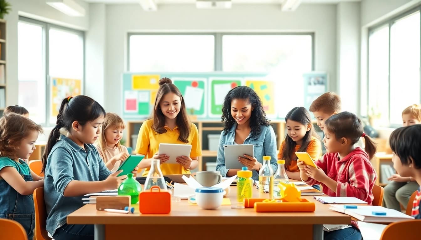 Students actively participating in interactive Education activities in a vibrant classroom.