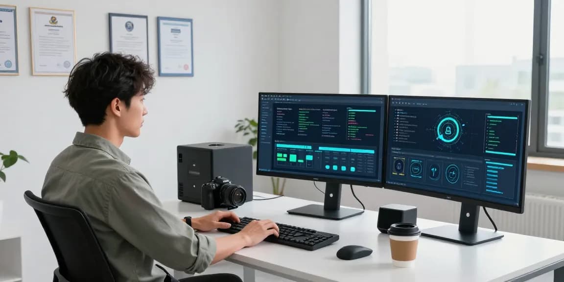 Cybersecurity expert at modern desk reviewing protocols on https://shs-dome5.com/ with multiple monitors in bright office.