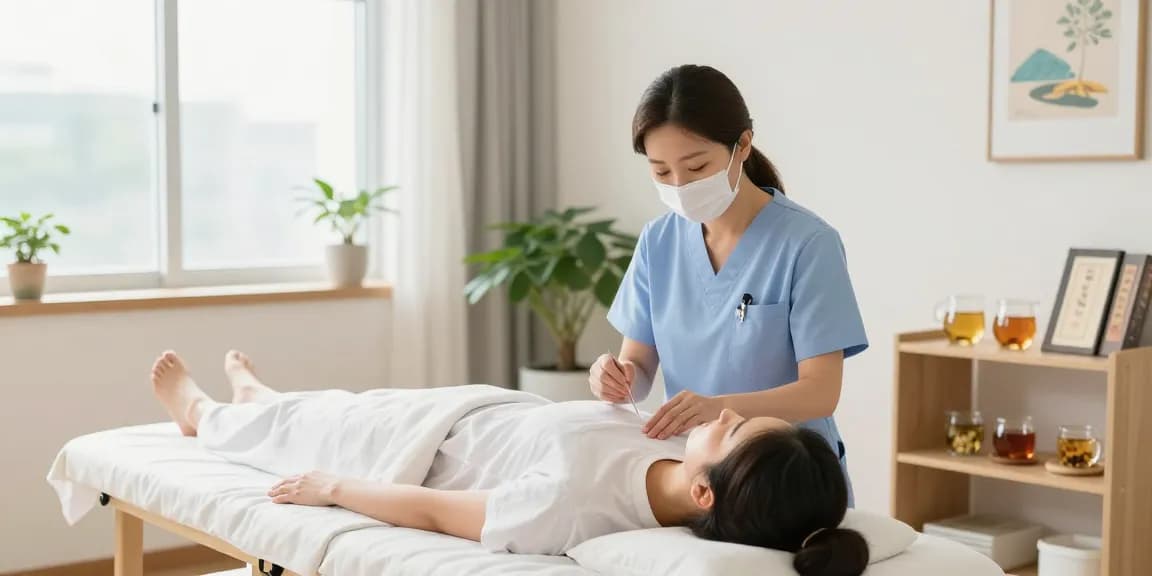 Acupuncture treatment at 영통한의원 in a serene, modern wellness clinic.
