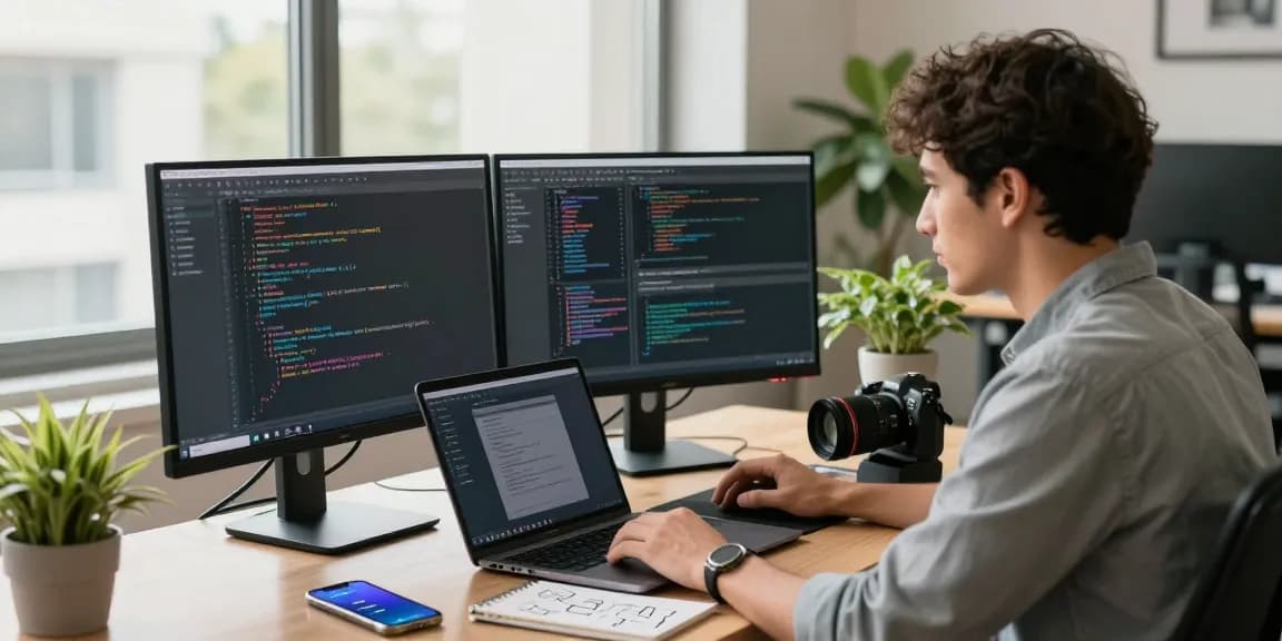 Developer coding on dual monitors in a modern workspace, showcasing telegram官网 interface.