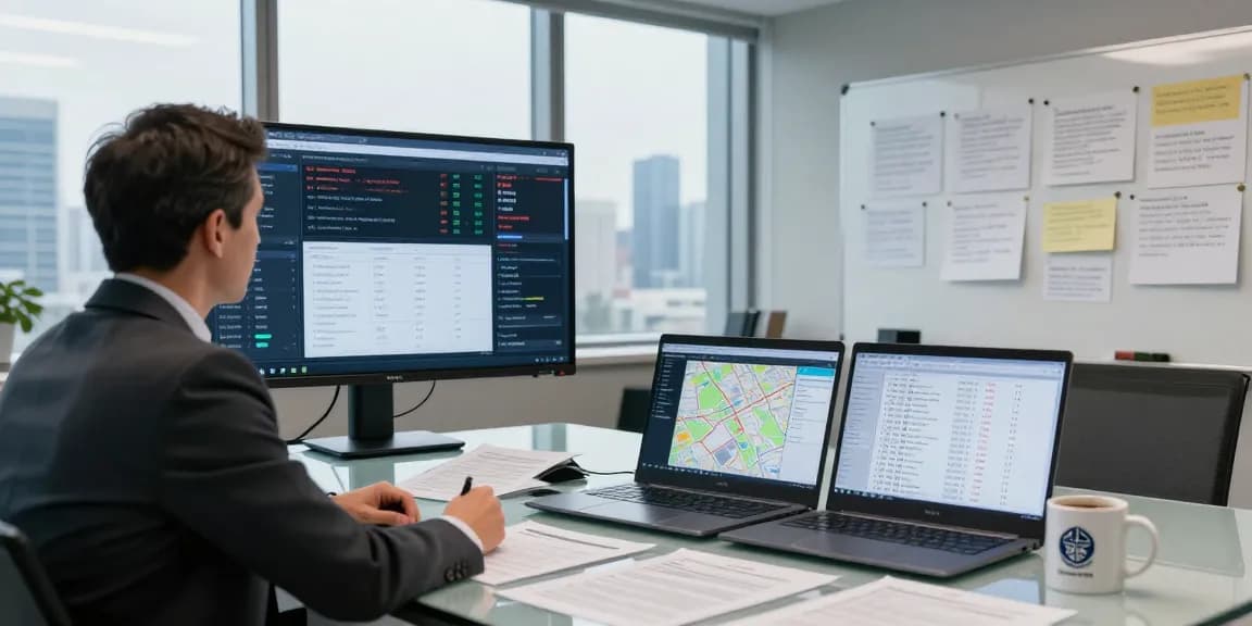 Professional investigator analyzing asset tracing data in a modern office