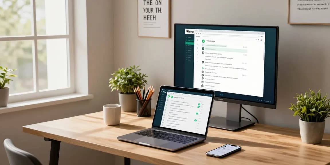 Person using WhatsApp電腦版 on a laptop at a modern home office.