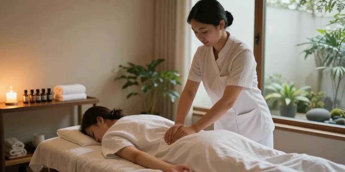 Massage session in a tranquil spa room, featuring professional massage techniques and soothing atmosphere.