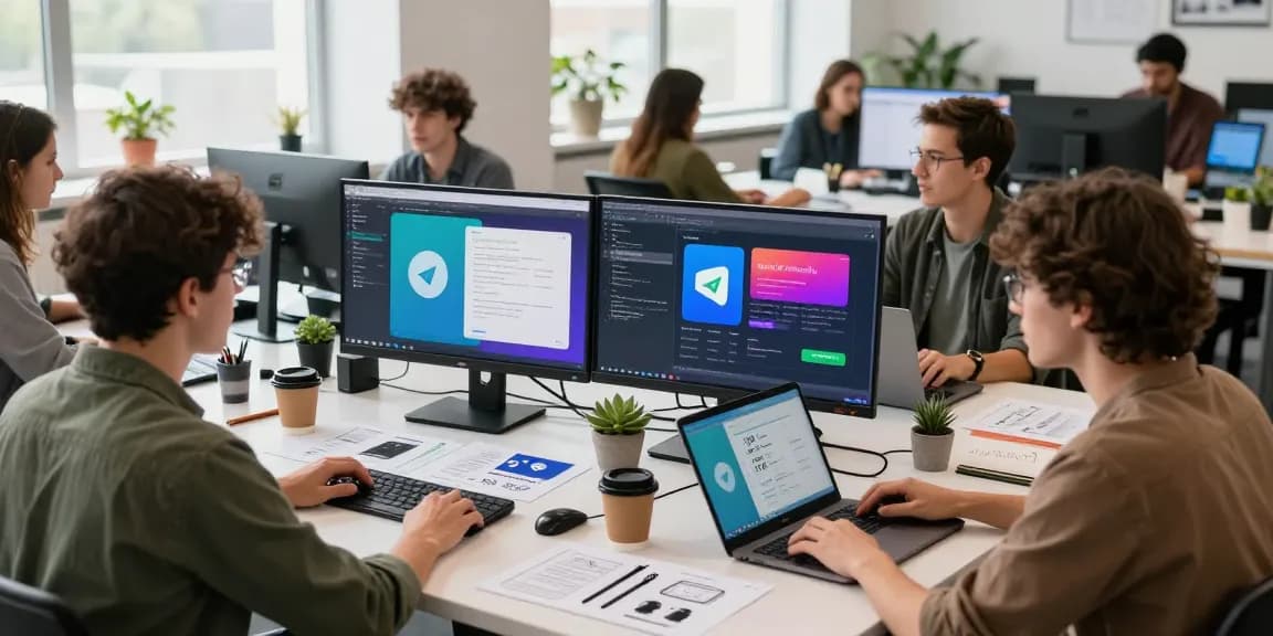 Developer coding the latest Telegram application in a vibrant co-working environment.