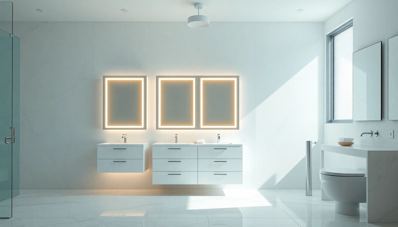 Illuminated bathroom cabinets reflecting light, adding elegance to a modern bathroom setting.