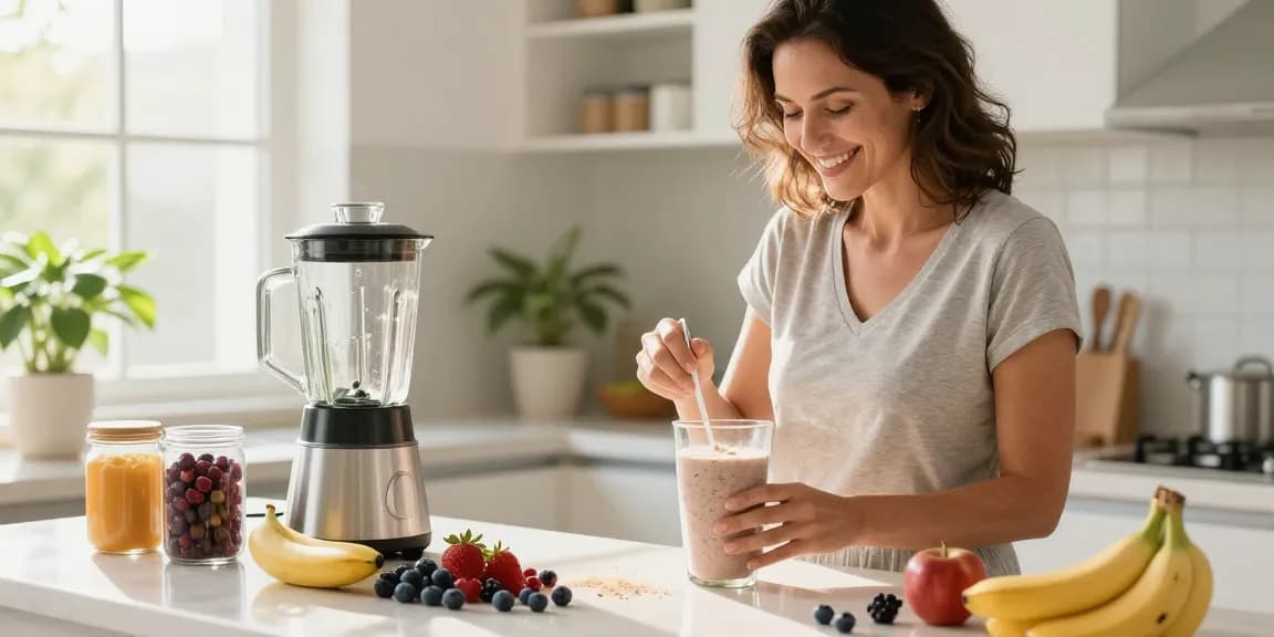 Preparing a nutritious shake with 佳膳益生 supplement in a modern kitchen.