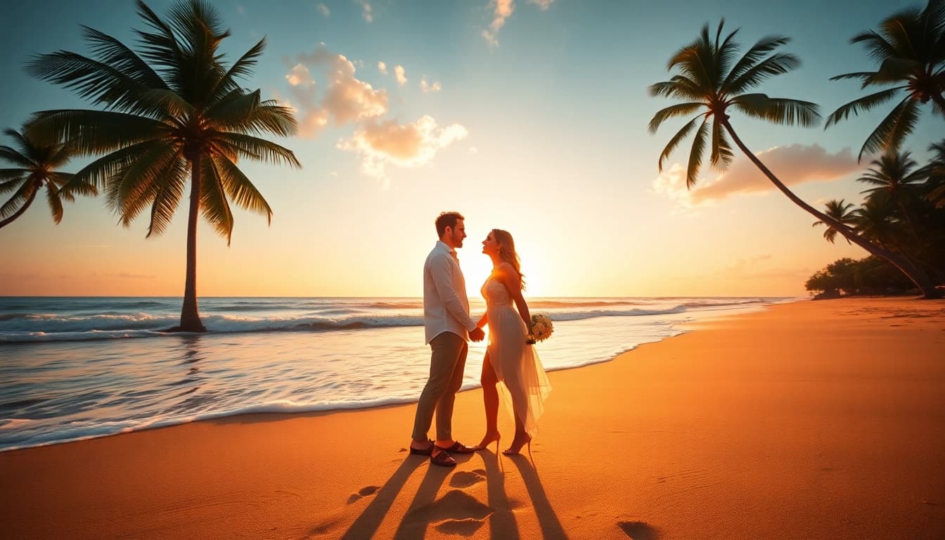 Destination photographer capturing a couple on a beach at sunset.