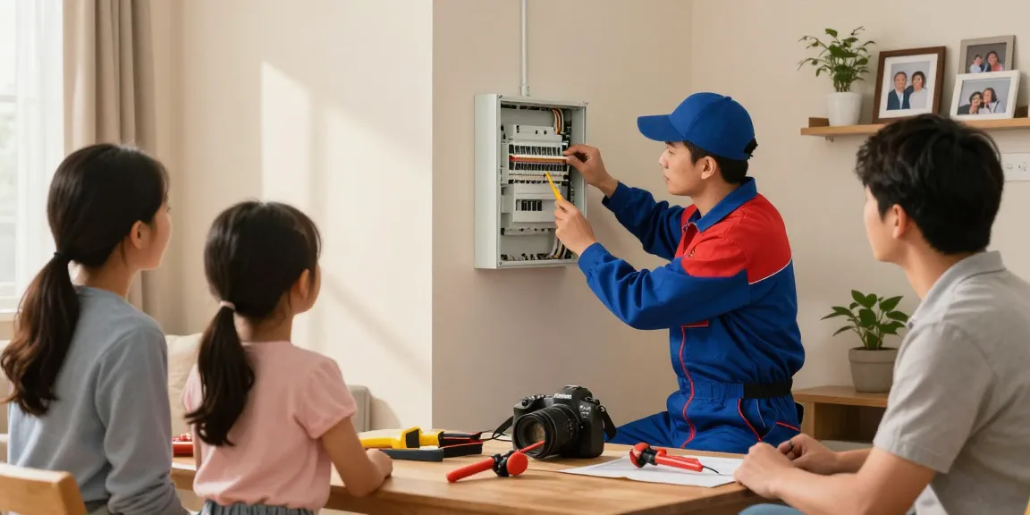 Trusted local electrician inspecting an electrical panel with a family looking on, ensuring safety at home.