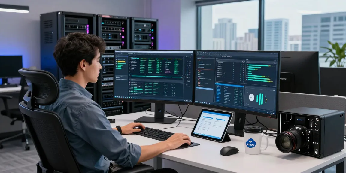 Configuración de servidores vps windows en un entorno de oficina moderna con equipos tecnológicos.