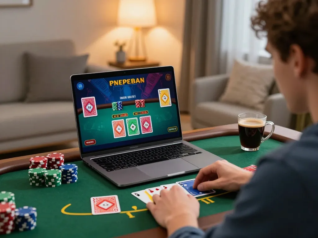 Player engaged in blackjack strategy while gaming on 8kbetbh platform at home.
