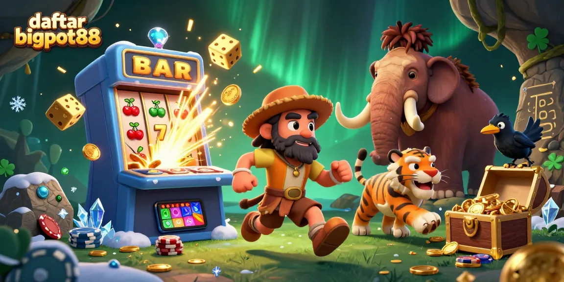 Spin to win at daftar bigpot88 with a vibrant prehistoric casino scene bursting with jackpots!