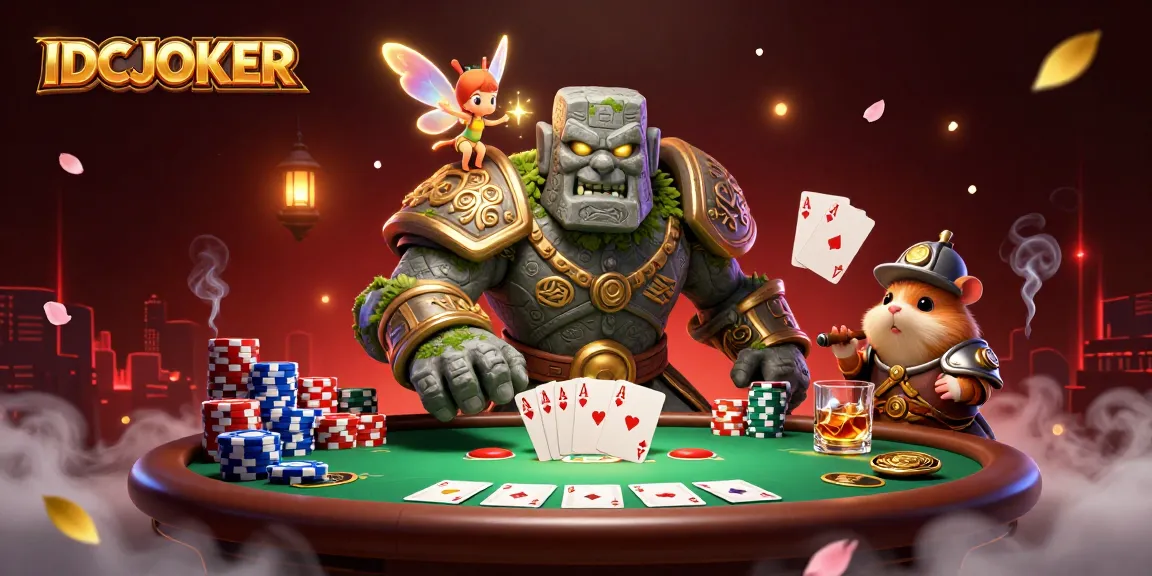 IDCJOKER showcases an epic scene with a golem guardian, a fairy, and a hamster knight amidst vibrant casino elements.