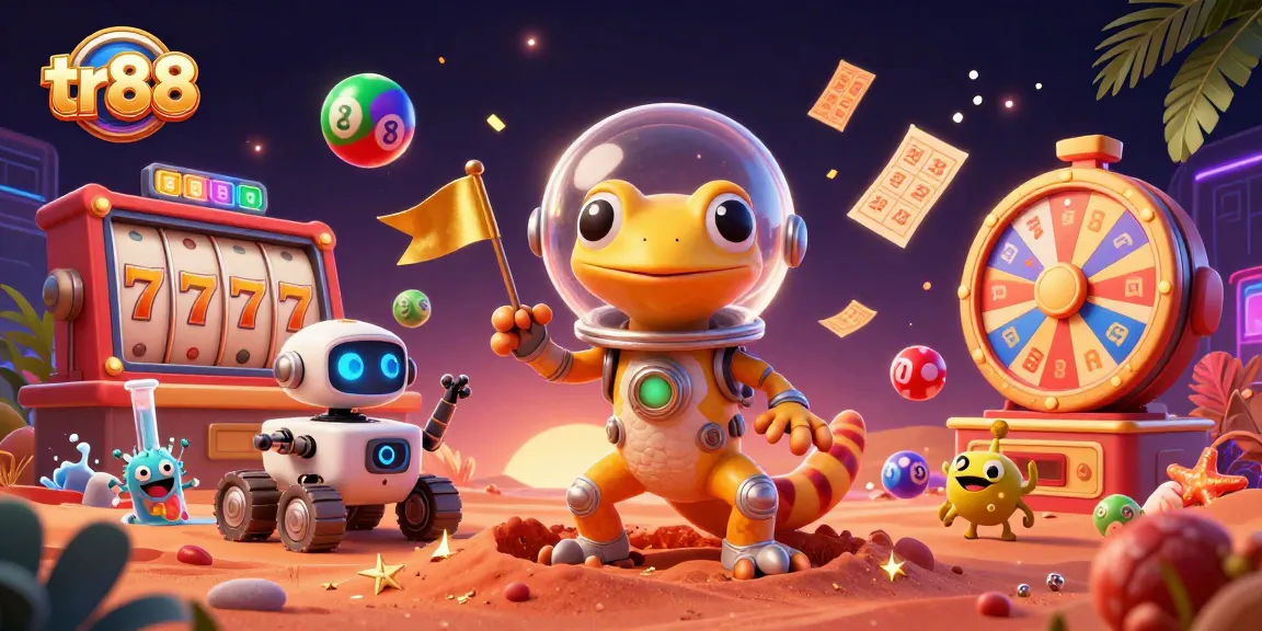 tr88 engaging scene with a Martian gecko experiencing vibrant slots and lottery excitement