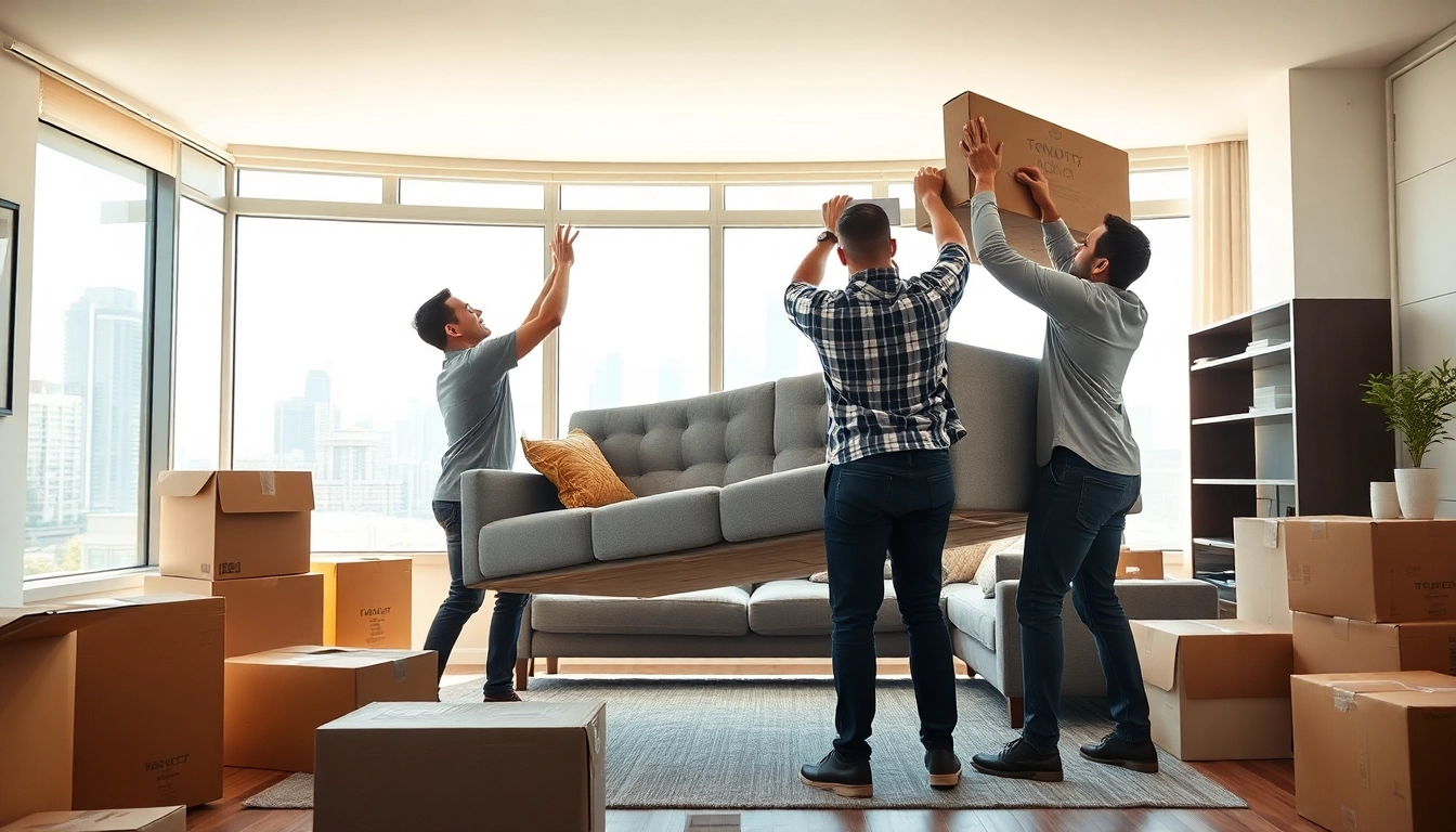 Best Toronto Movers assist with relocating furniture in a bright apartment filled with boxes.