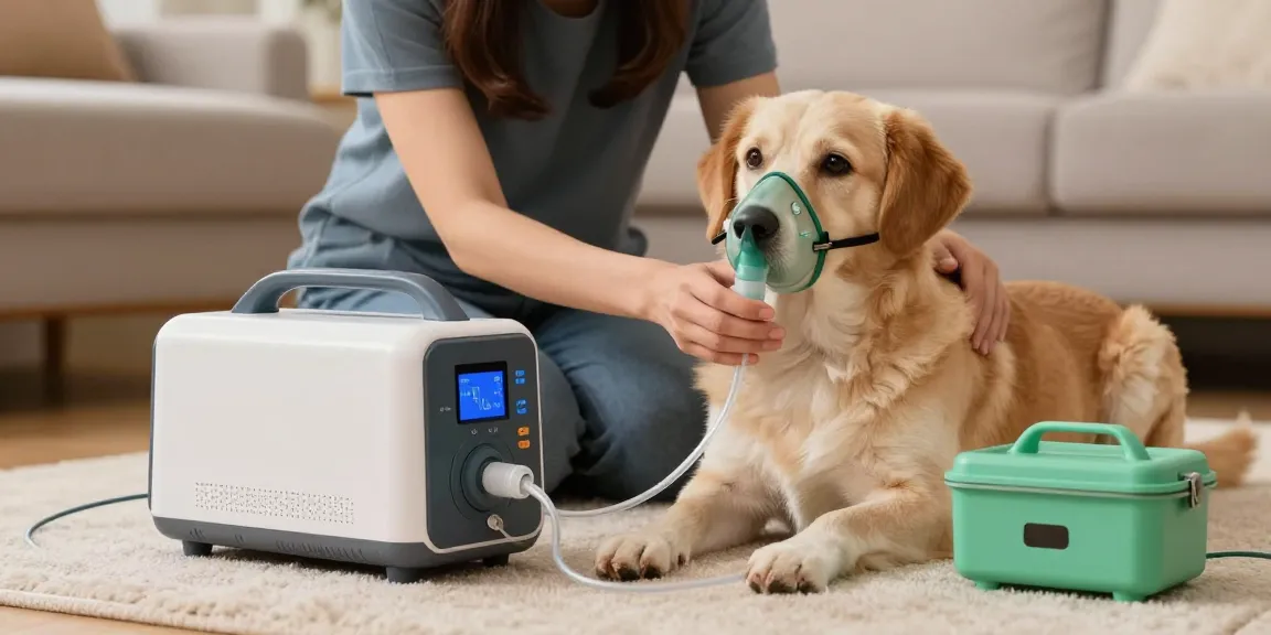 Pet owner using pet oxygen machine for 寵物氧氣機租借 in a comforting home setting, enhancing pet care.
