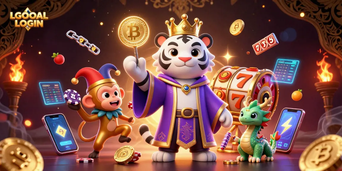 Engage in thrilling action with LGOGOAL LOGIN illustrated by a vibrant scene featuring a royal tiger, monkey, and jade dragon.