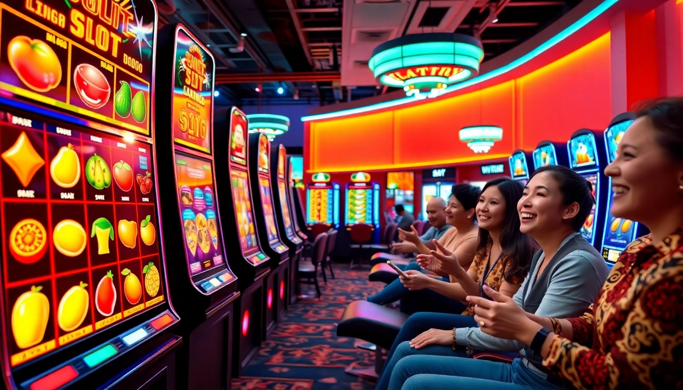Exciting slot hoki gaming scene with vibrant slot machine visuals and joyful players.