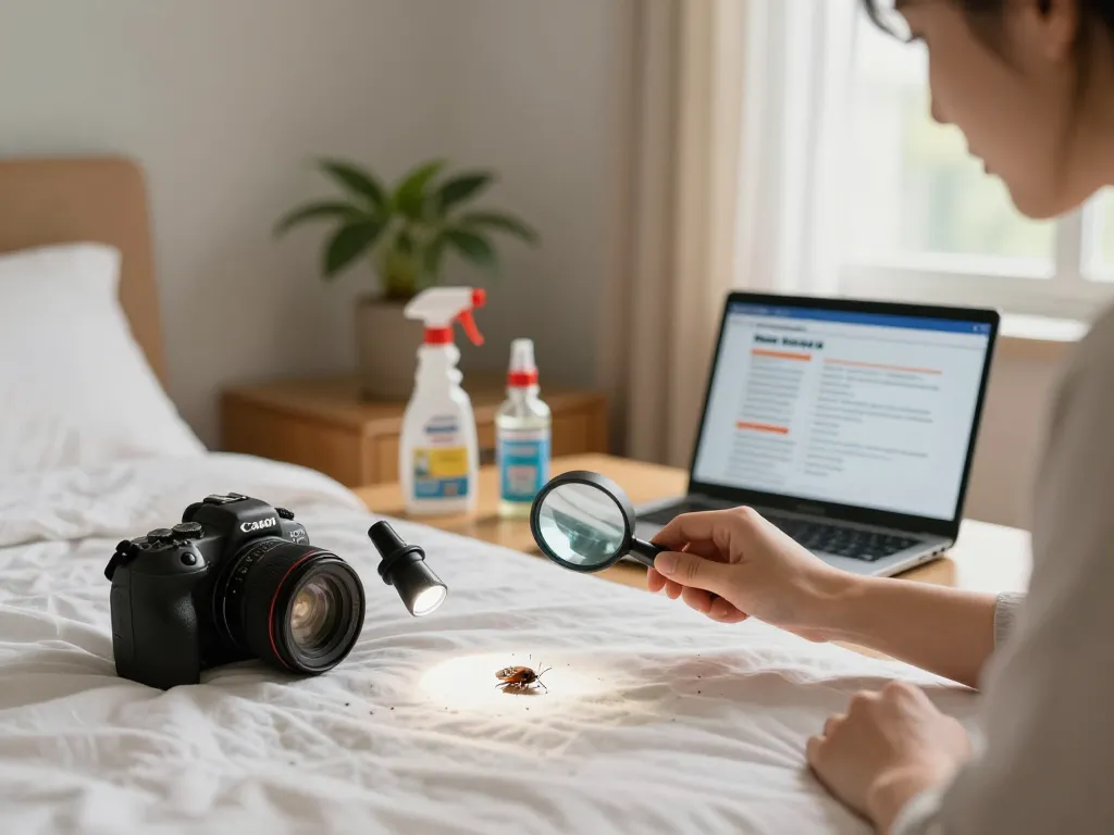 Homeowner using a pest control guide to check for bed bugs in the bedroom.