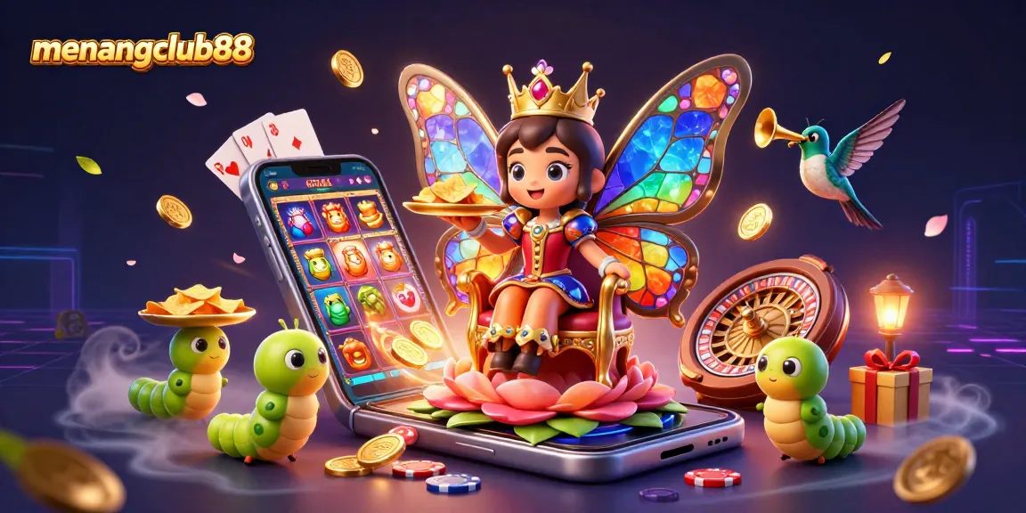 Experience excitement at menangclub88 with vibrant casino elements and a captivating butterfly queen illustration.