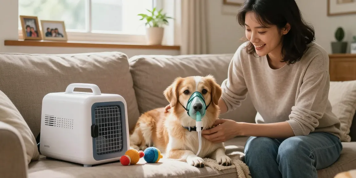 Owner assists a dog with the portable pet oxygen machine from https://www.petair.hk/ in a cozy home setting.