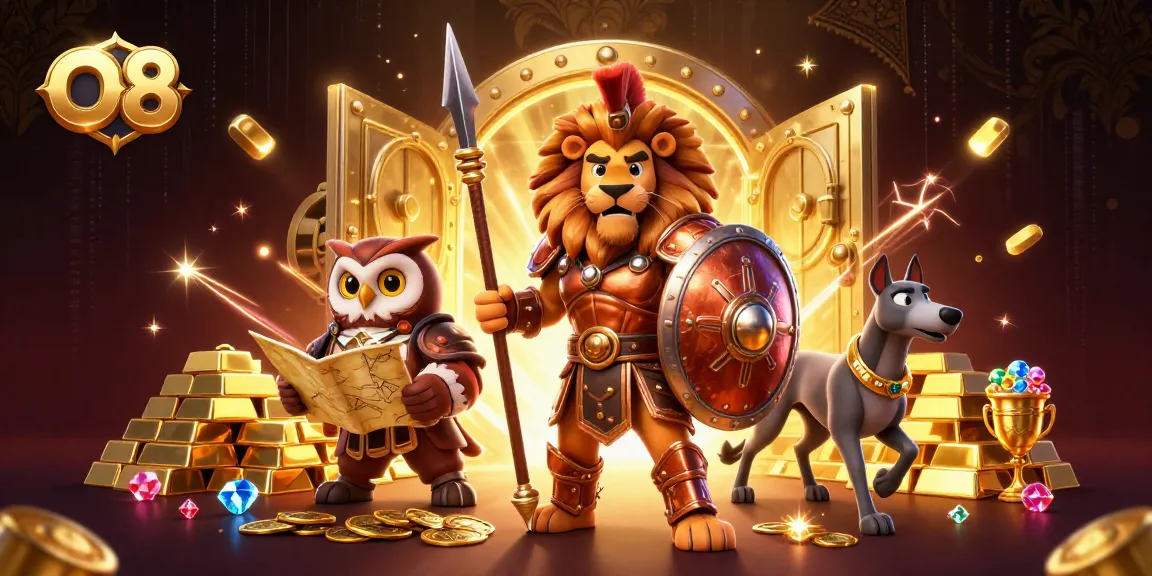 Experience winning at O8 with a vibrant casino scene featuring a Spartan lion, owl, and greyhound surrounded by treasures.