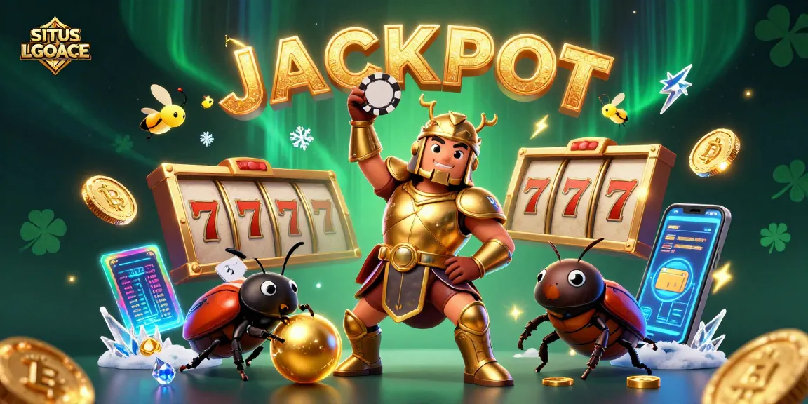 SITUS LGOACE celebrates jackpot wins with a victorious hercules beetle and dynamic casino elements.