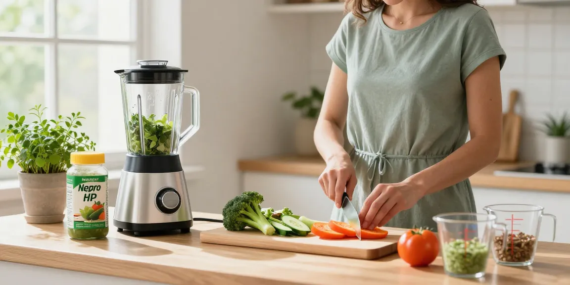Preparing Nepro HP nutrition shake and fresh veggies in a bright kitchen for dialysis patients.