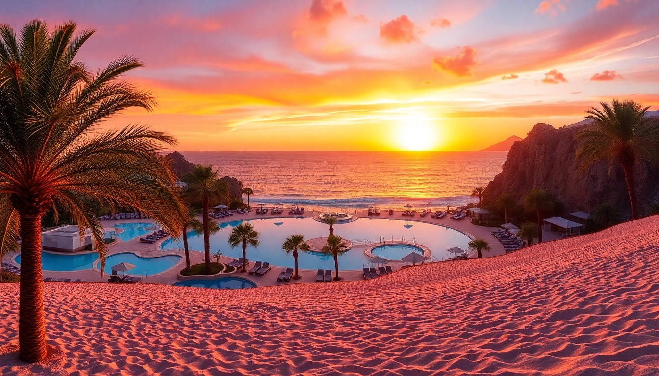 View of the Best resorts in Cabo San Lucas showcasing luxury pools and beachfront cabanas during sunset.