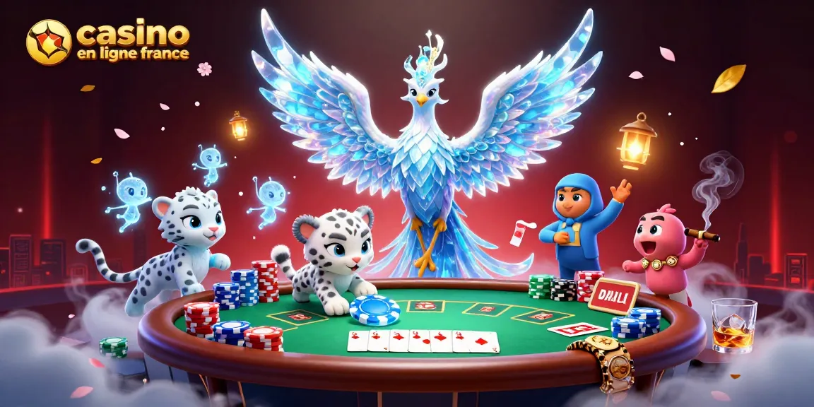 Jouez sur un casino en ligne France, avec un phœnix de glace captivant entouré de jetons et d'éléments de poker.