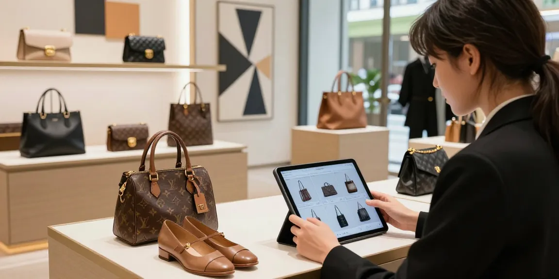 Luxury 레플리카 shopping scene with stylish individual browsing designer products on a tablet.