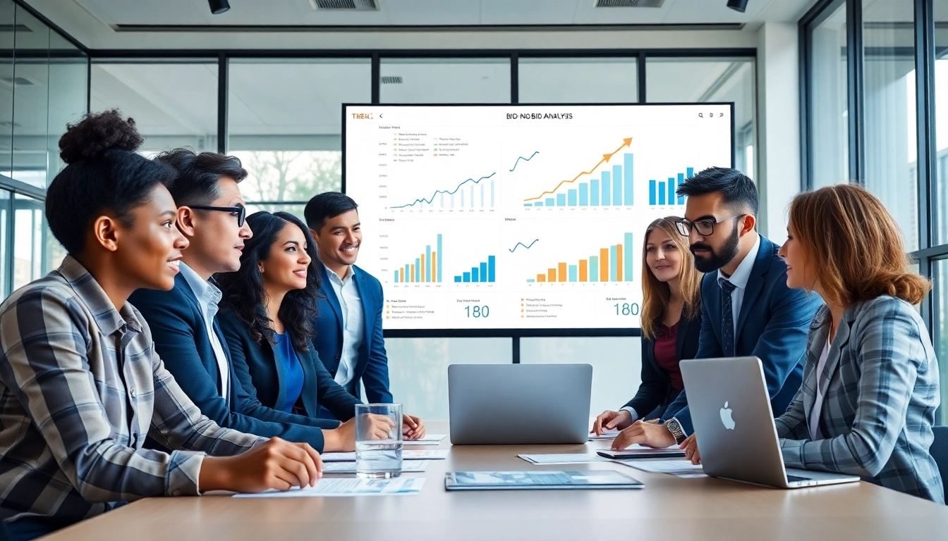Engaged team discussing Bid-No-Bid Analysis in a modern conference room.