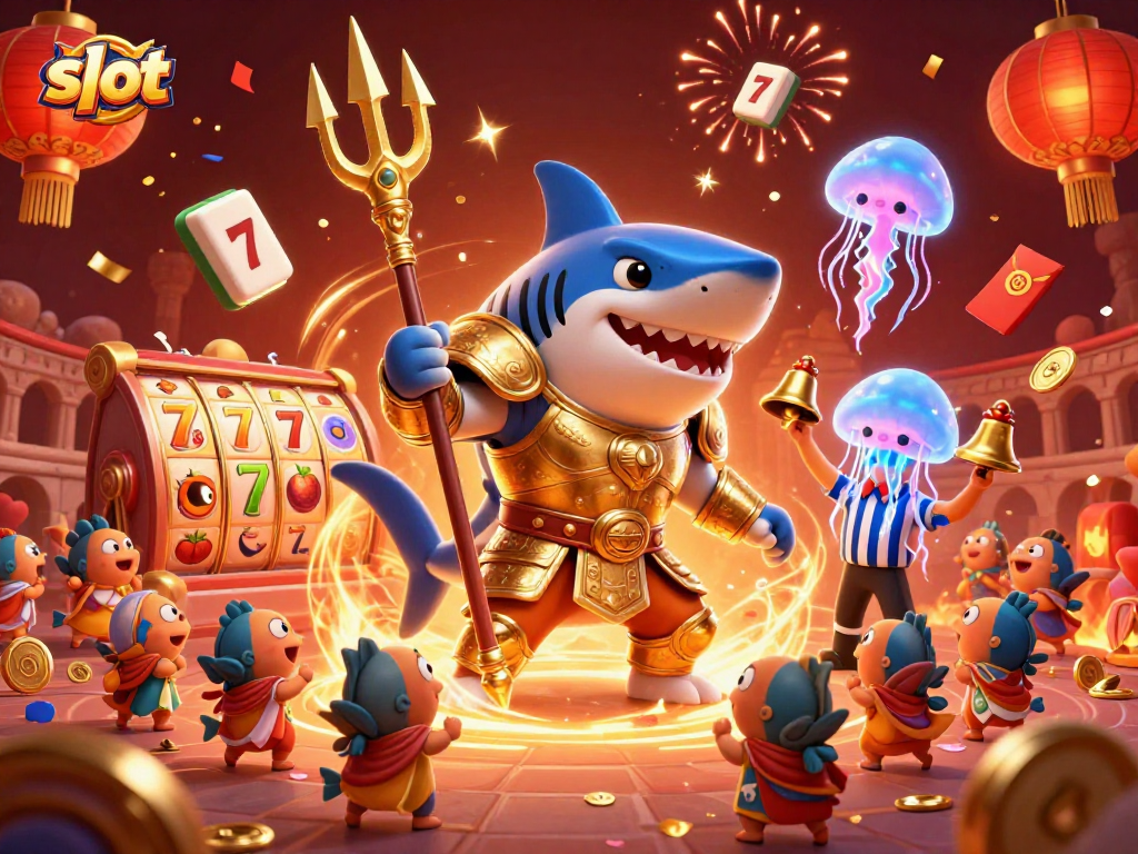 Experience thrilling slot action with a roaring shark in gladiator armor amidst vibrant casino elements.