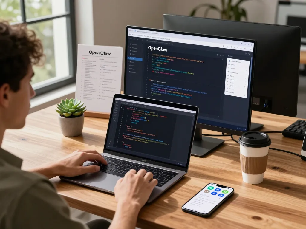 Developer setting up OpenClaw personal AI assistant in a vibrant tech workspace with dual monitors, coffee cup, and coding notes.