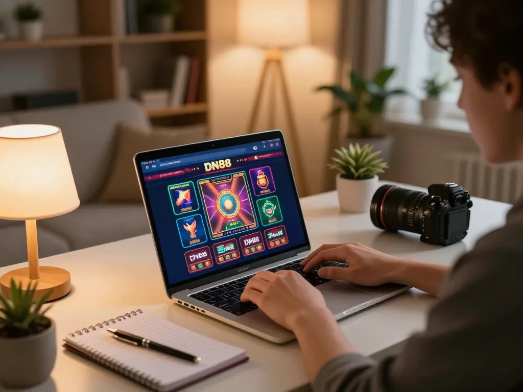 Engaging online gaming experience at https://dn882.pro/ with vibrant game interface displayed on a laptop.