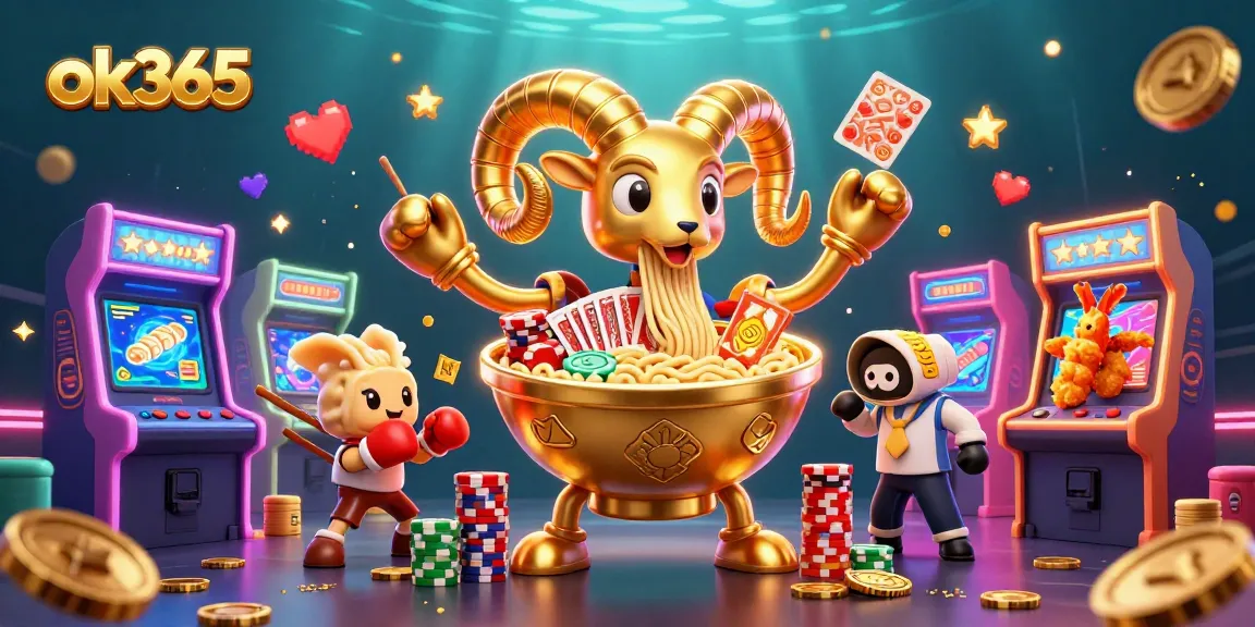Experience vibrant gaming action with ok365's dynamic casino illustration featuring unique 3D characters.