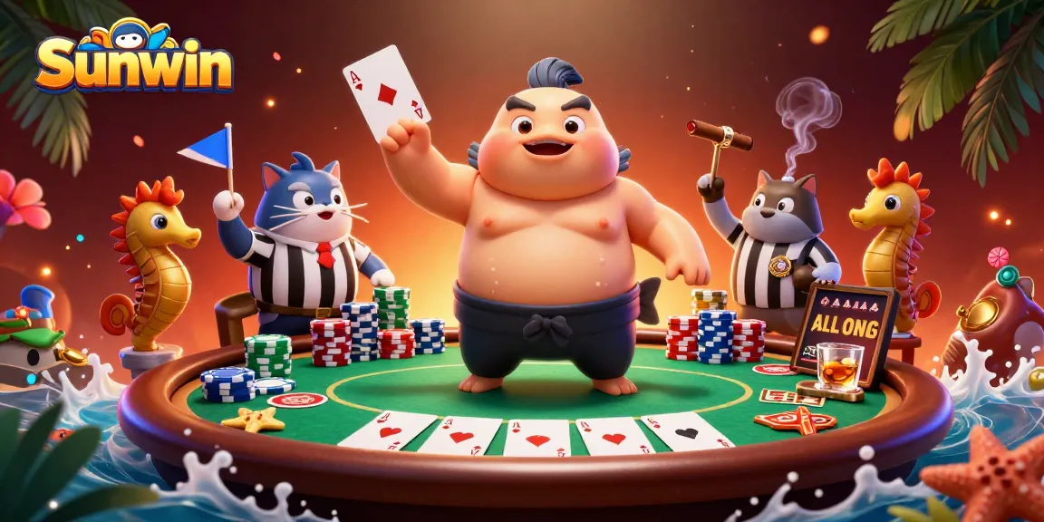 Experience exciting poker action with Sunwin's lively fugu and catfish characters in a vibrant scene.