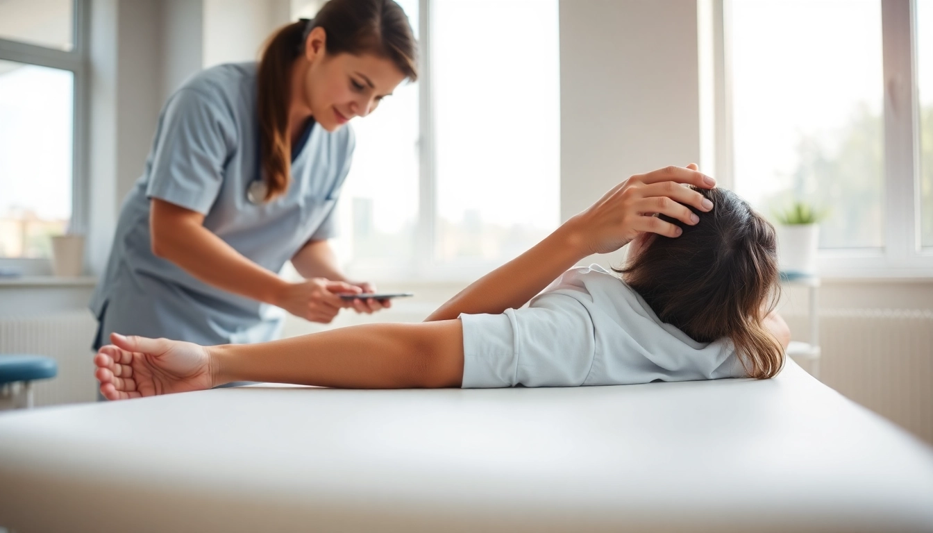 Therapist demonstrating manual therapy in griesbach physiotherapy clinic setting.
