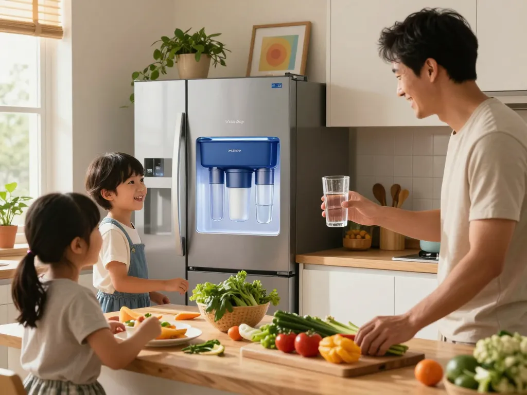Family enjoying water from Waterdrop Plus 8171413 Refrigerator Water Filter in a cozy kitchen.
