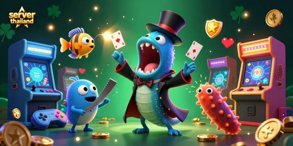 Engaging illustration featuring a server thailand theme with vibrant casino elements and animated sea creatures.
