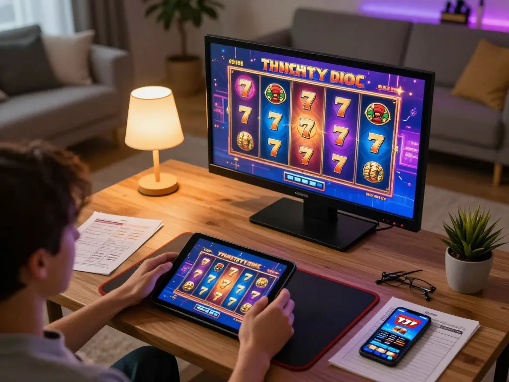 Player enjoying slot 777 game on tablet in cozy home setting, emphasizing relaxed online gaming experience.
