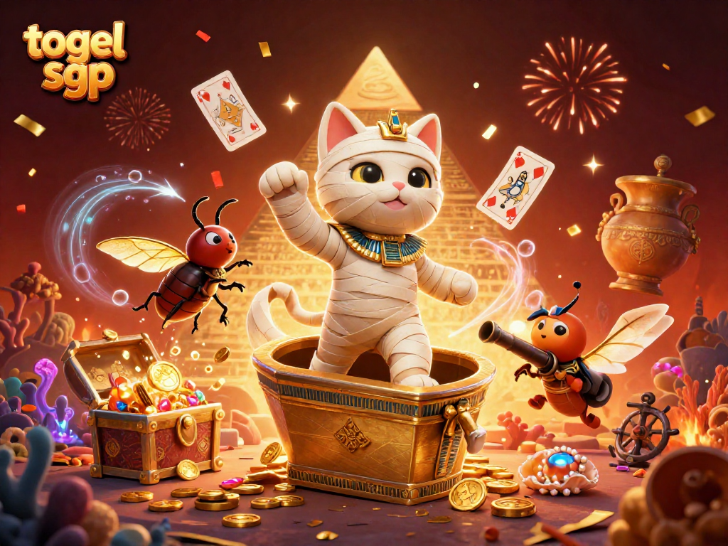 Momen berharga togel sgp dalam gambar kaya warna dengan karakter kucing mumia dan sayap scarab bersinar, sambil bermain kartu.