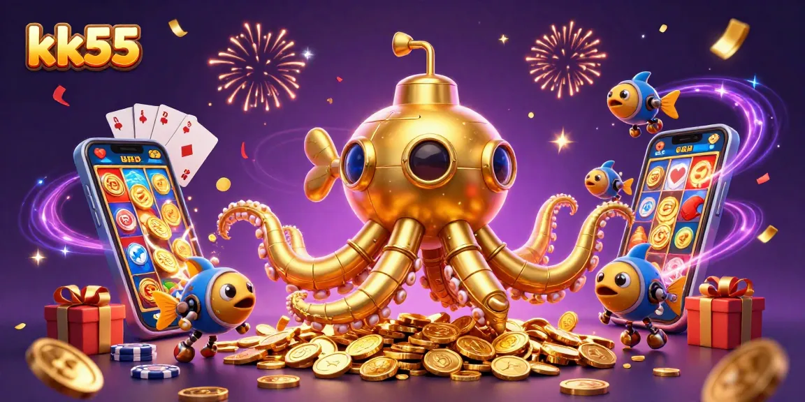 Experience the thrill of kk55 with a vibrant 3D casino scene featuring dynamic golden kraken and exciting game elements.