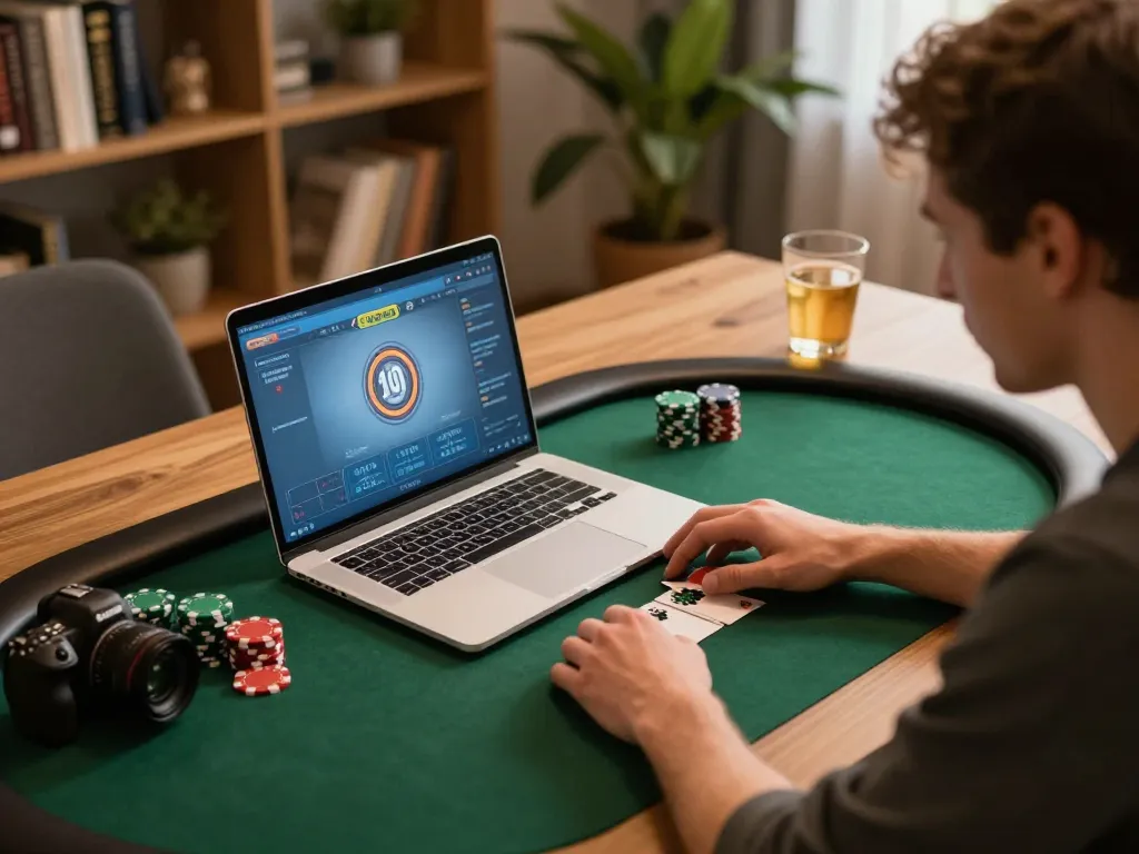 Person strategizing in online poker game at tg88-bm site with cozy ambiance