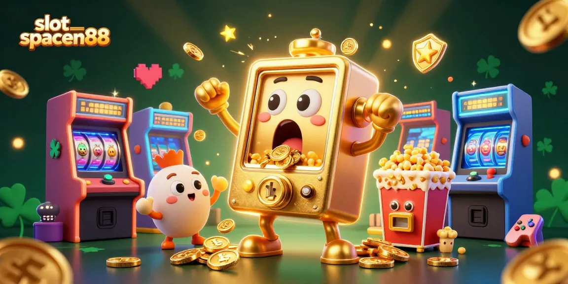 Experience the excitement of slot spaceman88 with a golden slot machine hitting a jackpot surrounded by cheering machines!