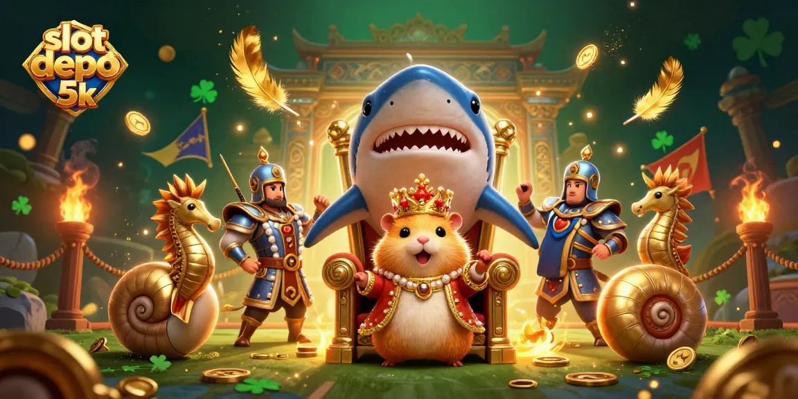 Engage with slot depo 5k in an energetic scene featuring a hamster king surrounded by vibrant slot reels and royal companions.